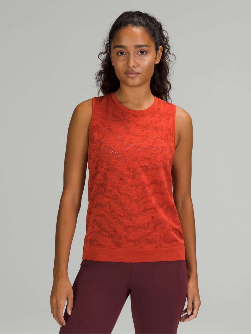 Lululemon Swiftly Breathe Muscle Tank Top Dot Scape Aztec Brick Autumn Red Sz 12
